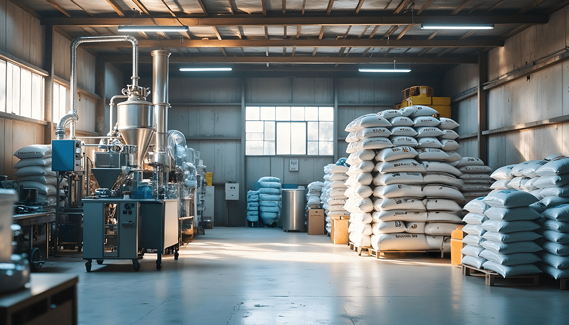 Sacks of Feed arranged in a factory