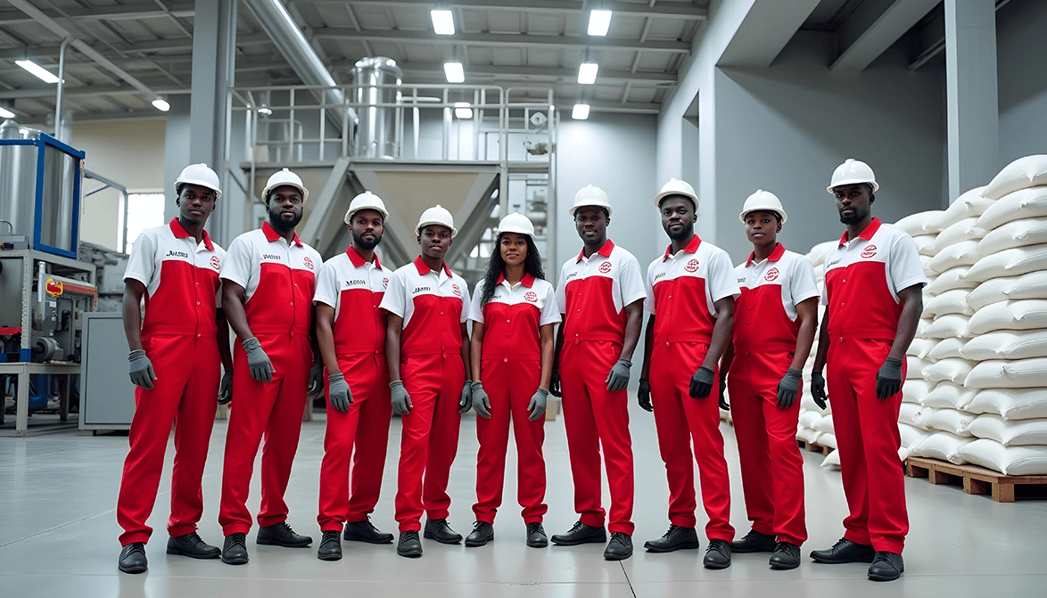 Factory workers posed inside a factory